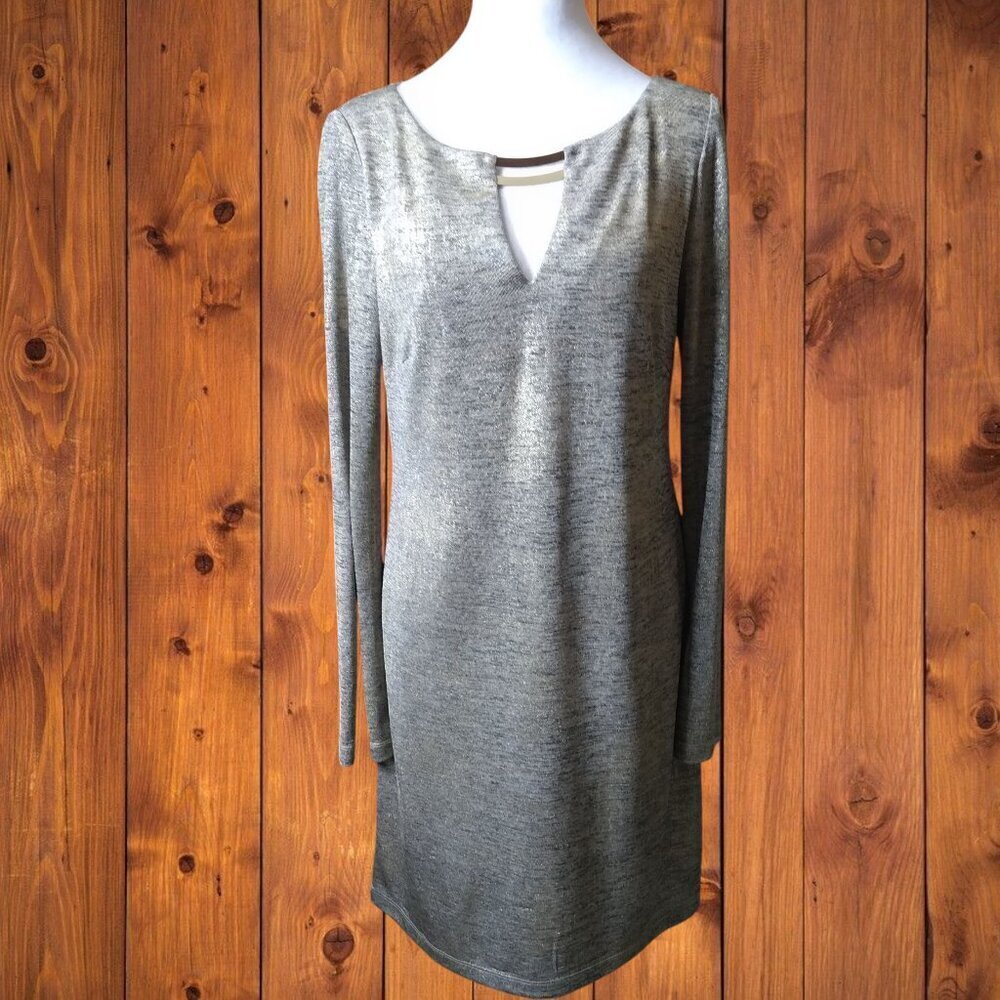 Vince Camuto Size 6 Gold Metallic V-Neck Long Sleeve Dress Party Holiday Career